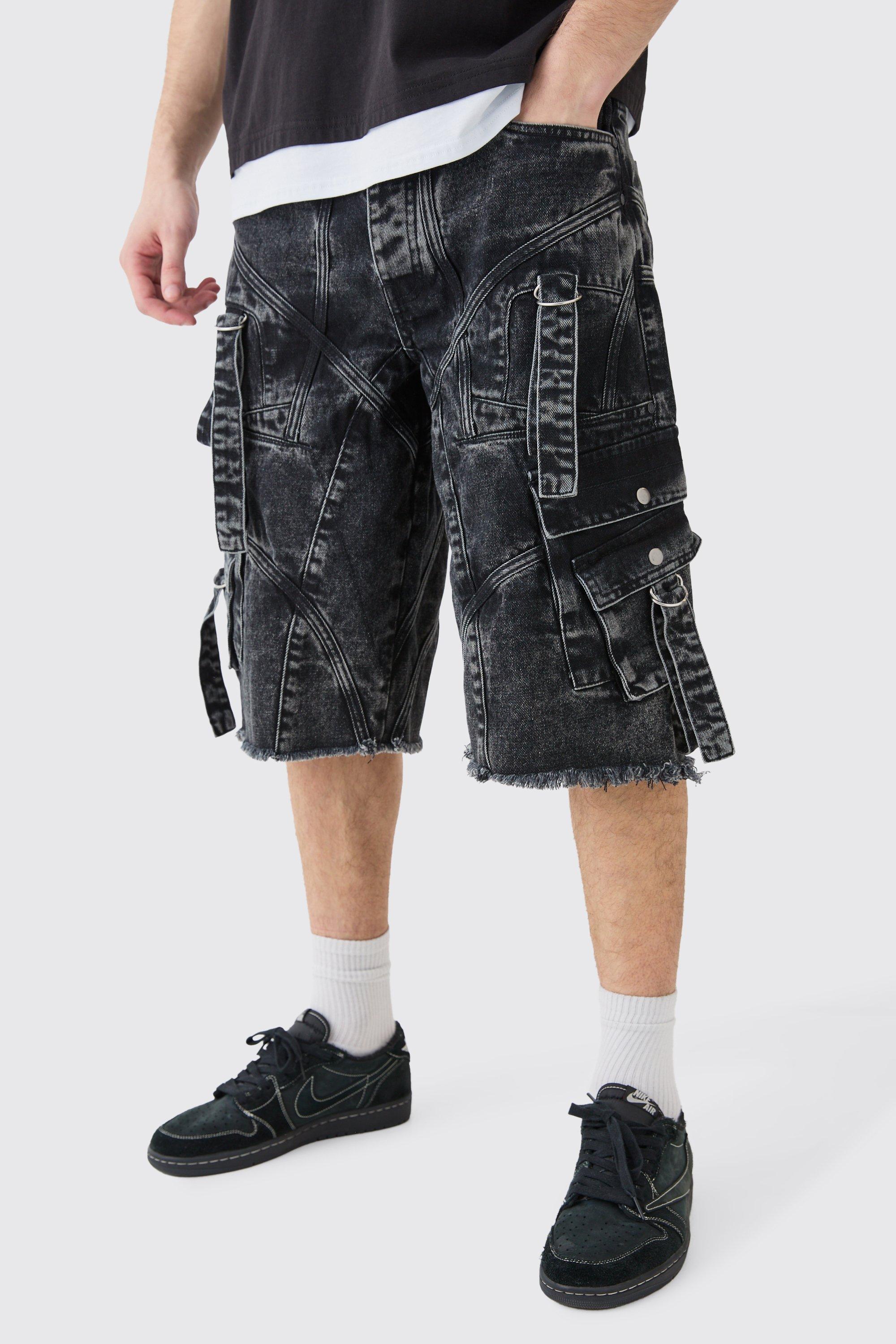 Mens Black Tall Oversized Strap And Buckle Detail Denim Jorts, Black